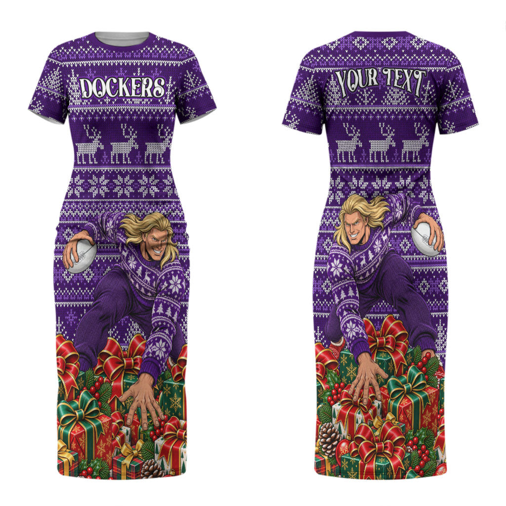 Personalized Dockers Football Christmas Couples Matching Short Sleeve Bodycon Dress and Long Sleeve Button Shirt Australian Football Mascot - Ugly Xmas Pattern Festive