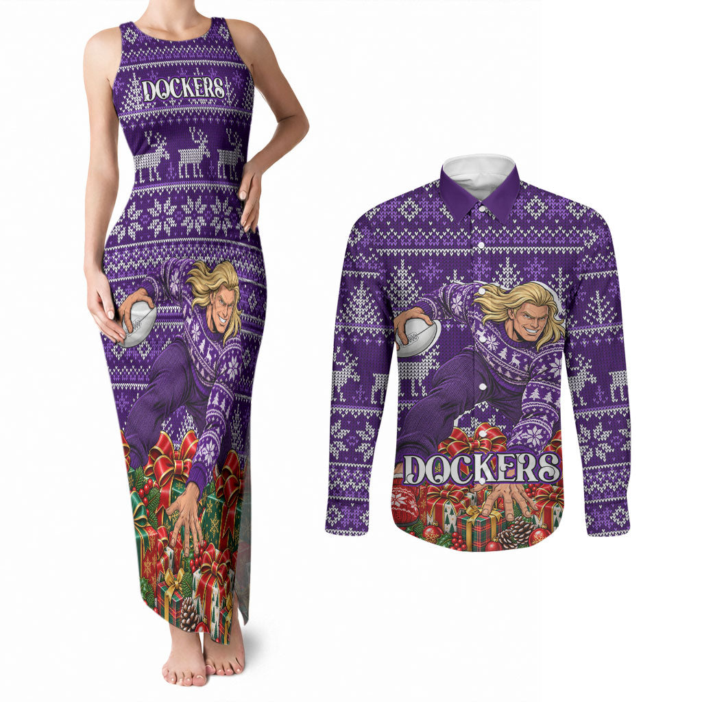 Personalized Dockers Football Christmas Couples Matching Tank Maxi Dress and Long Sleeve Button Shirt Australian Football Mascot - Ugly Xmas Pattern Festive