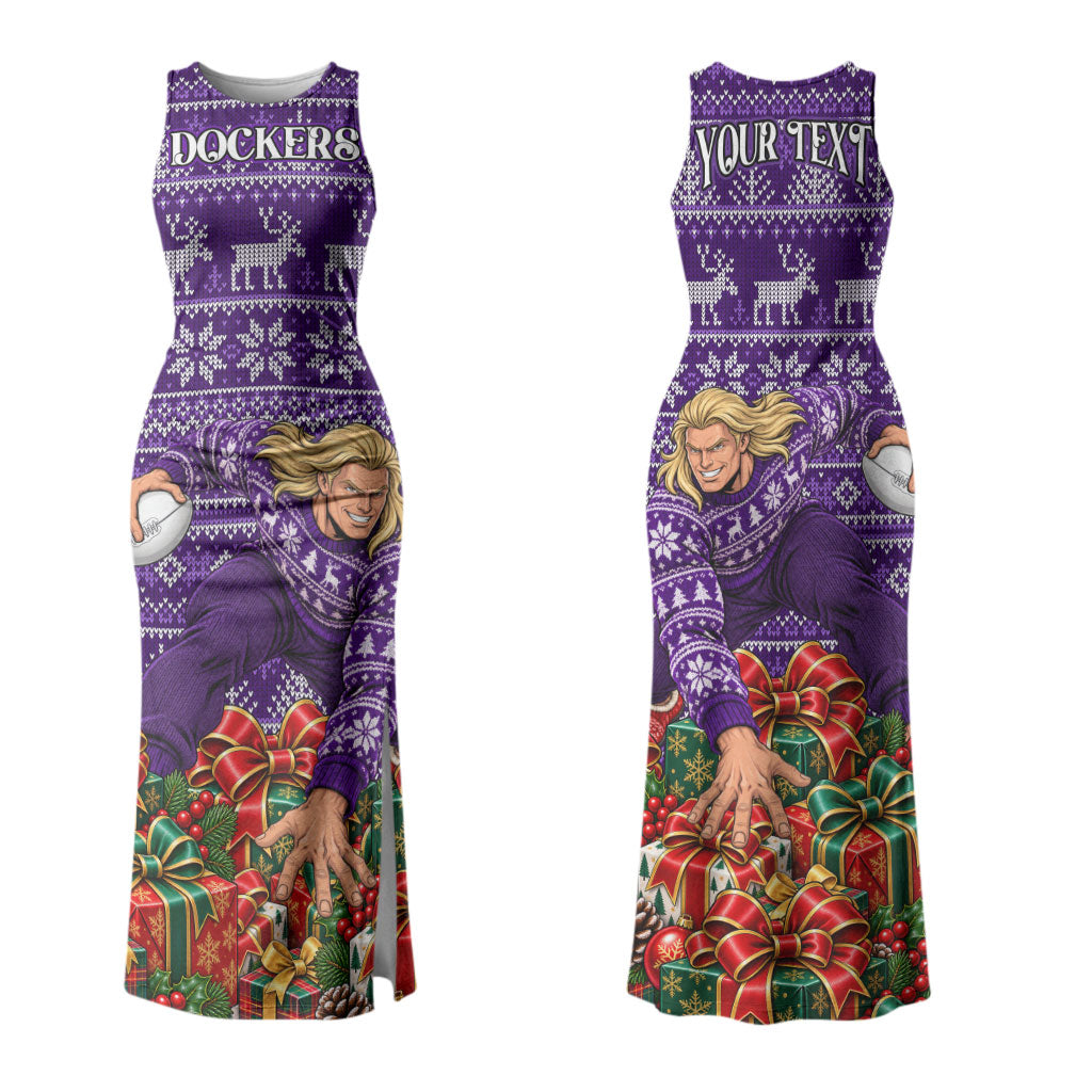 Personalized Dockers Football Christmas Couples Matching Tank Maxi Dress and Long Sleeve Button Shirt Australian Football Mascot - Ugly Xmas Pattern Festive