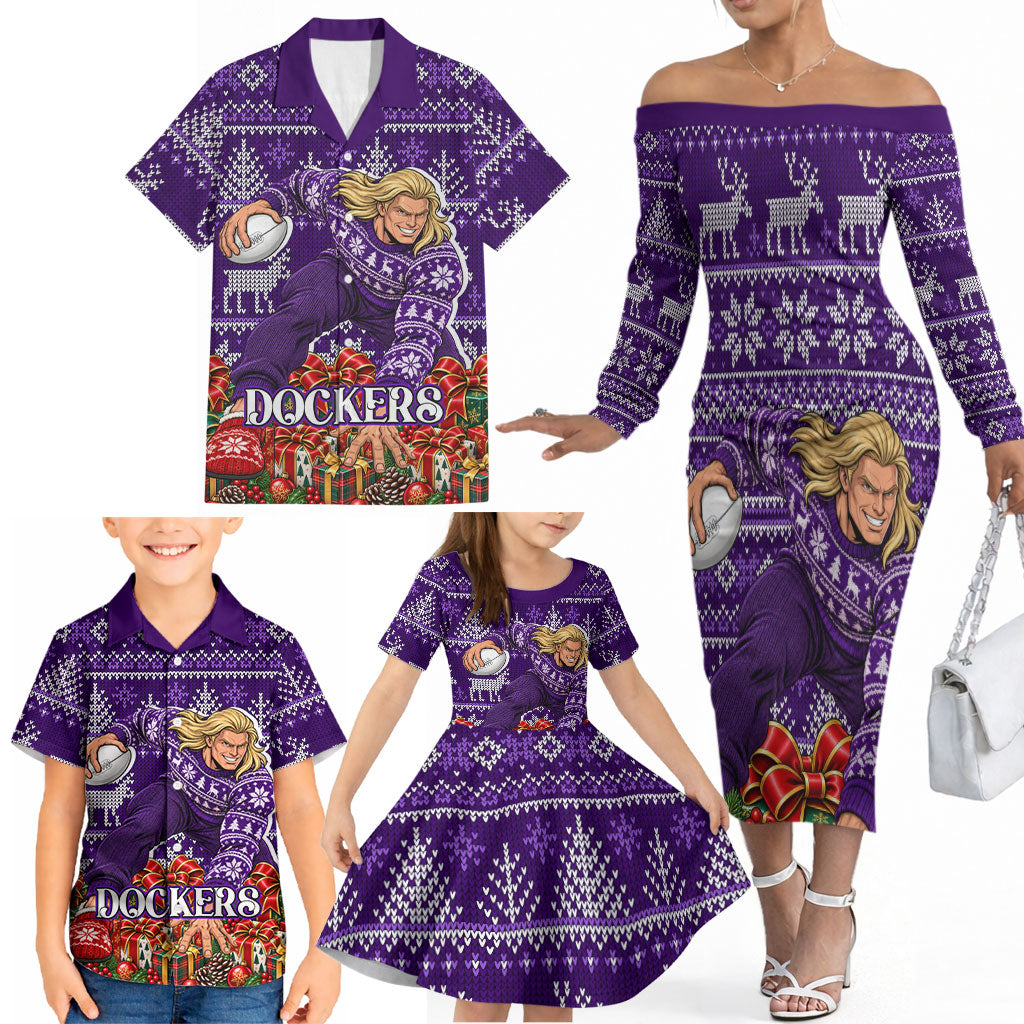 Personalized Dockers Football Christmas Family Matching Off The Shoulder Long Sleeve Dress and Hawaiian Shirt Australian Football Mascot - Ugly Xmas Pattern Festive