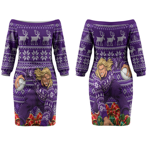 Personalized Dockers Football Christmas Family Matching Off The Shoulder Long Sleeve Dress and Hawaiian Shirt Australian Football Mascot - Ugly Xmas Pattern Festive