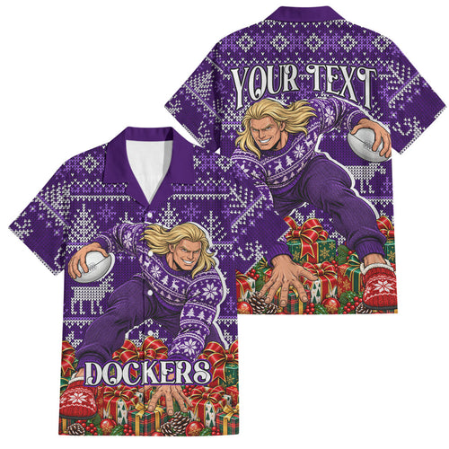 Personalized Dockers Football Christmas Family Matching Off The Shoulder Long Sleeve Dress and Hawaiian Shirt Australian Football Mascot - Ugly Xmas Pattern Festive