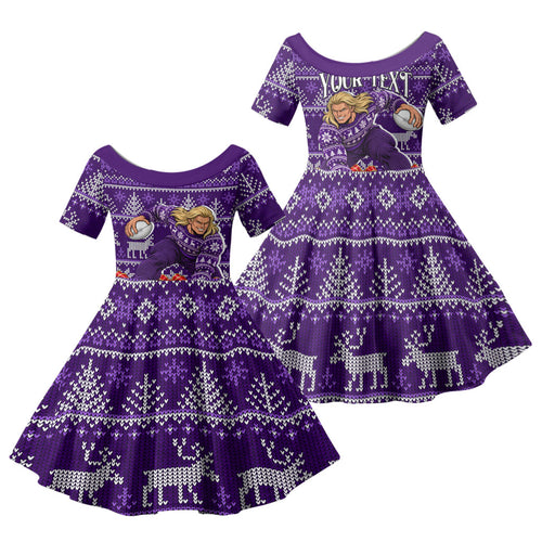 Personalized Dockers Football Christmas Family Matching Off The Shoulder Long Sleeve Dress and Hawaiian Shirt Australian Football Mascot - Ugly Xmas Pattern Festive