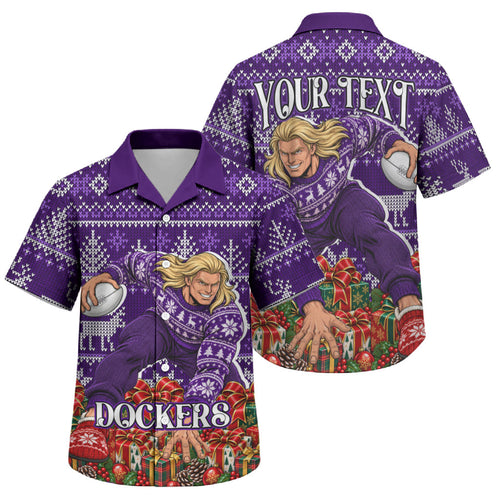 Personalized Dockers Football Christmas Family Matching Off The Shoulder Long Sleeve Dress and Hawaiian Shirt Australian Football Mascot - Ugly Xmas Pattern Festive
