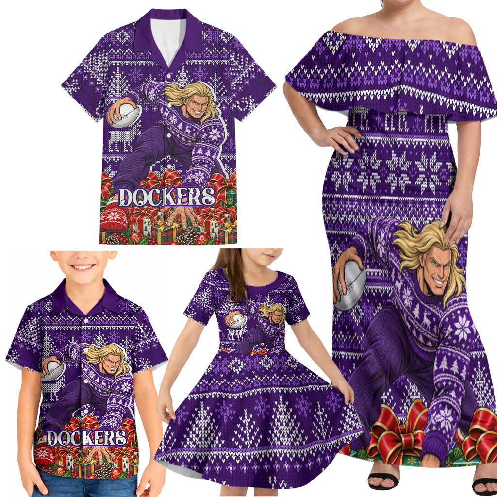 Personalized Dockers Football Christmas Family Matching Off Shoulder Maxi Dress and Hawaiian Shirt Australian Football Mascot - Ugly Xmas Pattern Festive