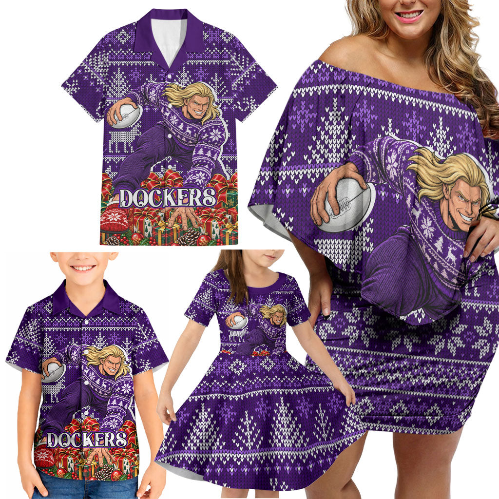 Personalized Dockers Football Christmas Family Matching Off Shoulder Short Dress and Hawaiian Shirt Australian Football Mascot - Ugly Xmas Pattern Festive