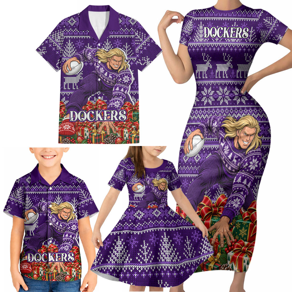 Personalized Dockers Football Christmas Family Matching Short Sleeve Bodycon Dress and Hawaiian Shirt Australian Football Mascot - Ugly Xmas Pattern Festive