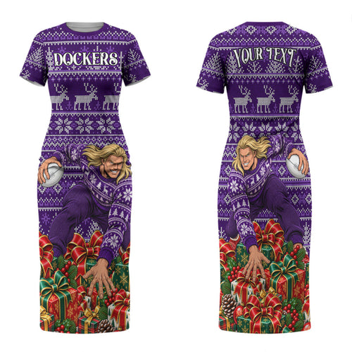 Personalized Dockers Football Christmas Family Matching Short Sleeve Bodycon Dress and Hawaiian Shirt Australian Football Mascot - Ugly Xmas Pattern Festive
