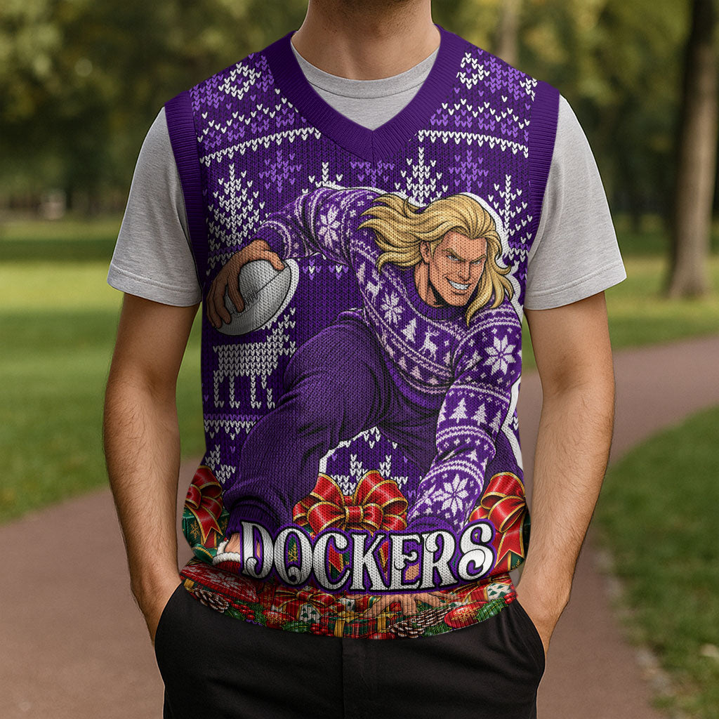 Personalized Dockers Football Christmas Knitted V-Neck Vest Australian Football Mascot - Ugly Xmas Pattern Festive