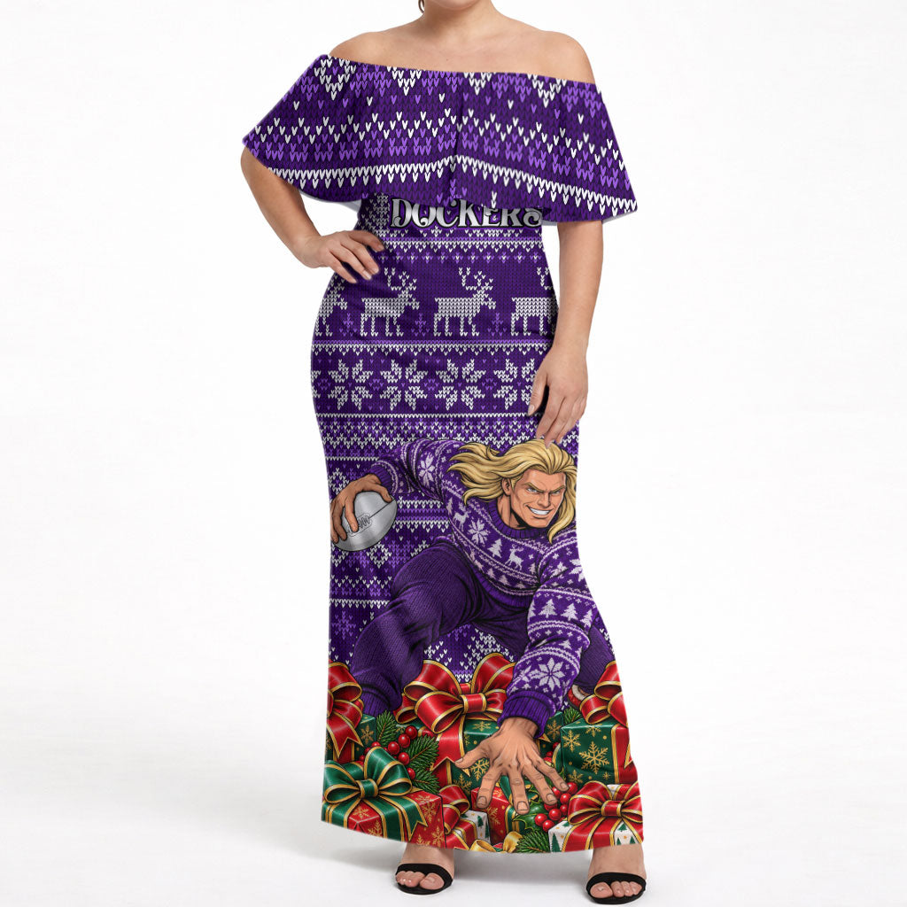 Personalized Dockers Football Christmas Off Shoulder Maxi Dress Australian Football Mascot - Ugly Xmas Pattern Festive
