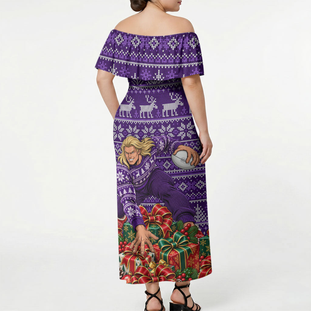Personalized Dockers Football Christmas Off Shoulder Maxi Dress Australian Football Mascot - Ugly Xmas Pattern Festive