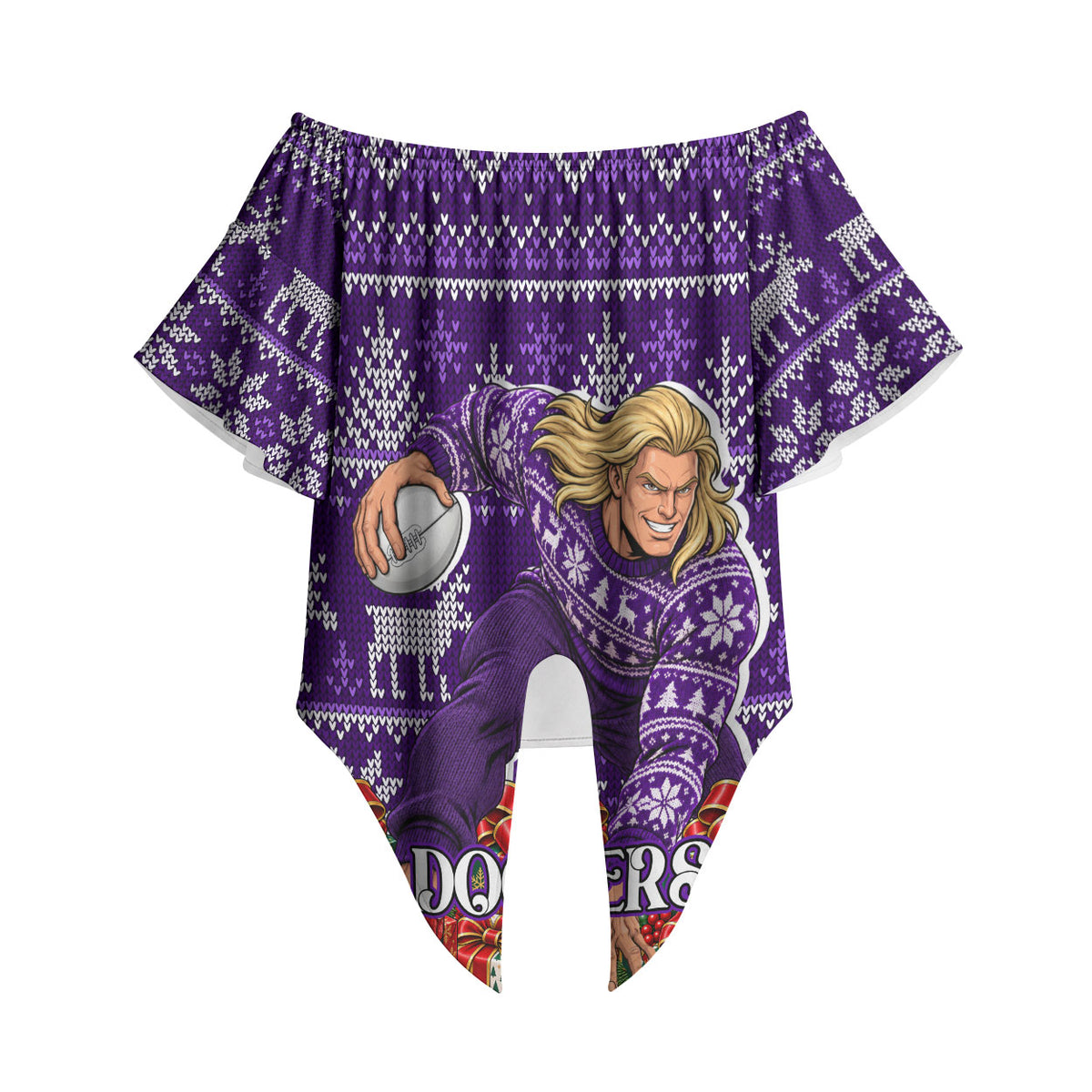 Personalized Dockers Football Christmas Off Shoulder Wrap Waist Top Australian Football Mascot - Ugly Xmas Pattern Festive