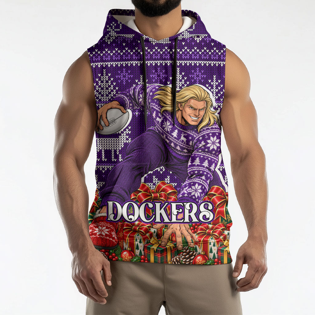 Personalized Dockers Football Christmas Sleeveless Hoodie Australian Football Mascot - Ugly Xmas Pattern Festive
