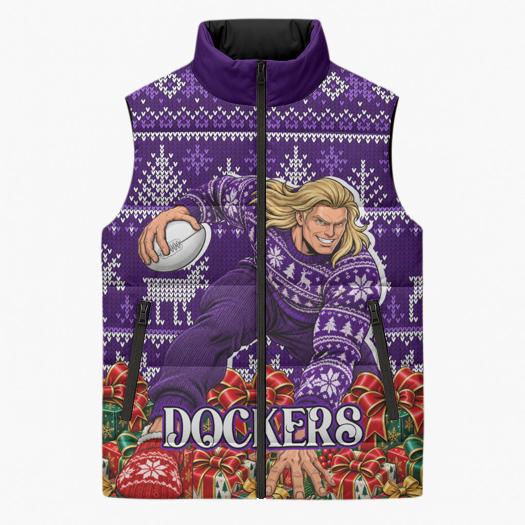 Personalized Dockers Football Christmas Sleeveless Puffer Jacket Australian Football Mascot - Ugly Xmas Pattern Festive