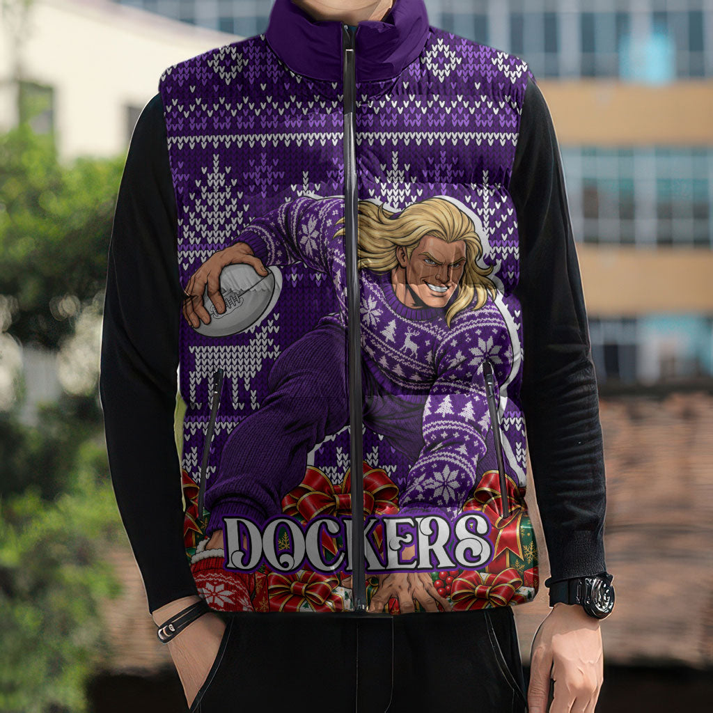 Personalized Dockers Football Christmas Sleeveless Puffer Jacket Australian Football Mascot - Ugly Xmas Pattern Festive