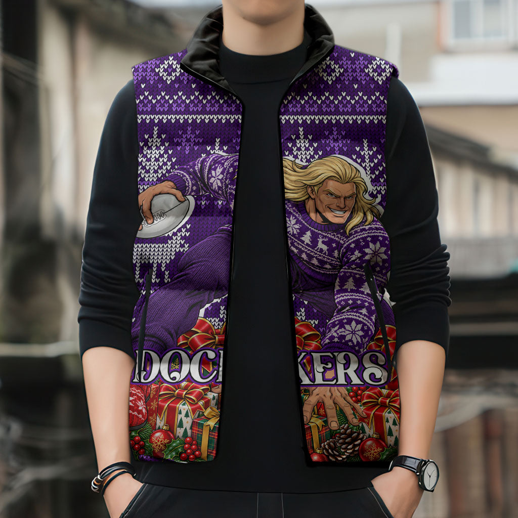 Personalized Dockers Football Christmas Sleeveless Puffer Jacket Australian Football Mascot - Ugly Xmas Pattern Festive