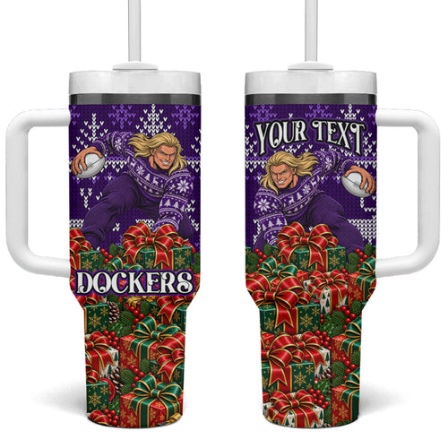 Personalized Dockers Football Christmas Tumbler With Handle Australian Football Mascot - Ugly Xmas Pattern Festive