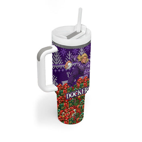 Personalized Dockers Football Christmas Tumbler With Handle Australian Football Mascot - Ugly Xmas Pattern Festive