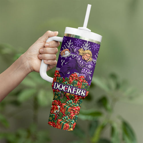 Personalized Dockers Football Christmas Tumbler With Handle Australian Football Mascot - Ugly Xmas Pattern Festive