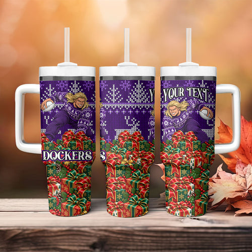 Personalized Dockers Football Christmas Tumbler With Handle Australian Football Mascot - Ugly Xmas Pattern Festive