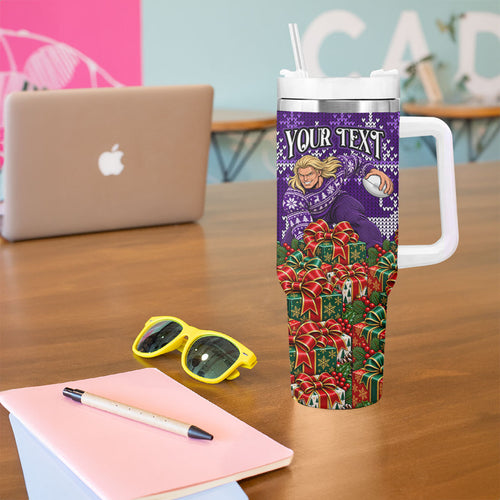 Personalized Dockers Football Christmas Tumbler With Handle Australian Football Mascot - Ugly Xmas Pattern Festive