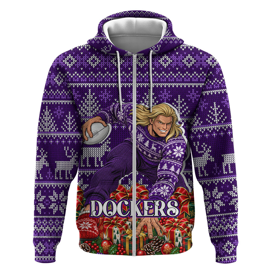 Personalized Dockers Football Christmas Zip Hoodie Australian Football Mascot - Ugly Xmas Pattern Festive