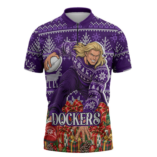 Personalized Dockers Football Christmas Zipper Polo Shirt Australian Football Mascot - Ugly Xmas Pattern Festive