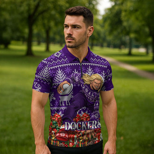 Personalized Dockers Football Christmas Zipper Polo Shirt Australian Football Mascot - Ugly Xmas Pattern Festive