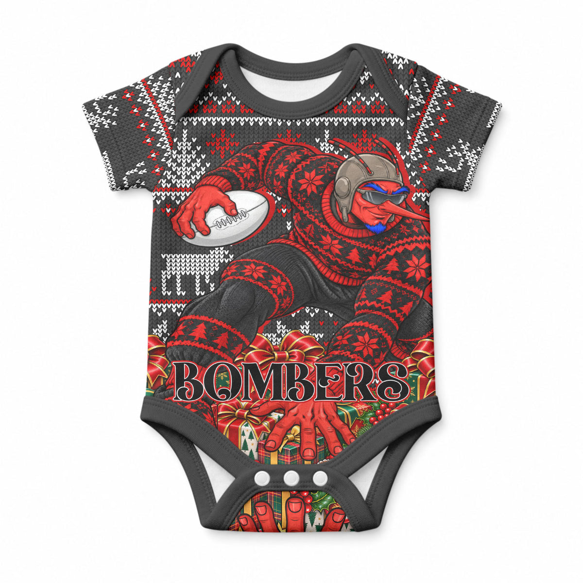 Personalized Bombers Football Christmas Baby Onesie Australian Football Mascot - Ugly Xmas Pattern Festive