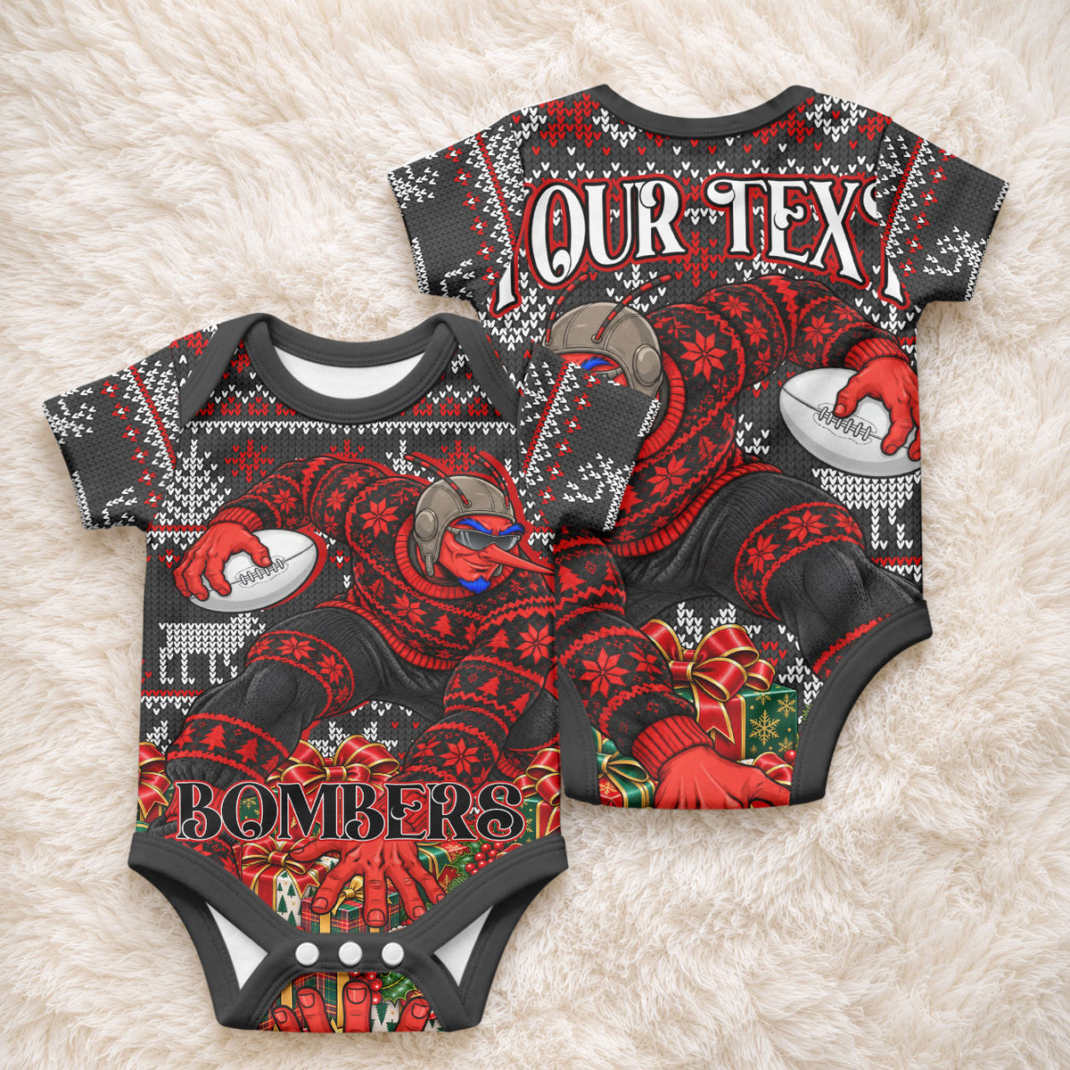 Personalized Bombers Football Christmas Baby Onesie Australian Football Mascot - Ugly Xmas Pattern Festive