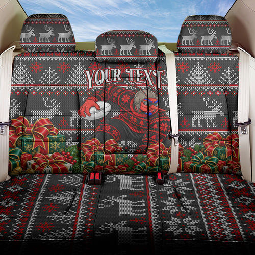 Personalized Bombers Football Christmas Back Car Seat Cover Australian Football Mascot - Ugly Xmas Pattern Festive