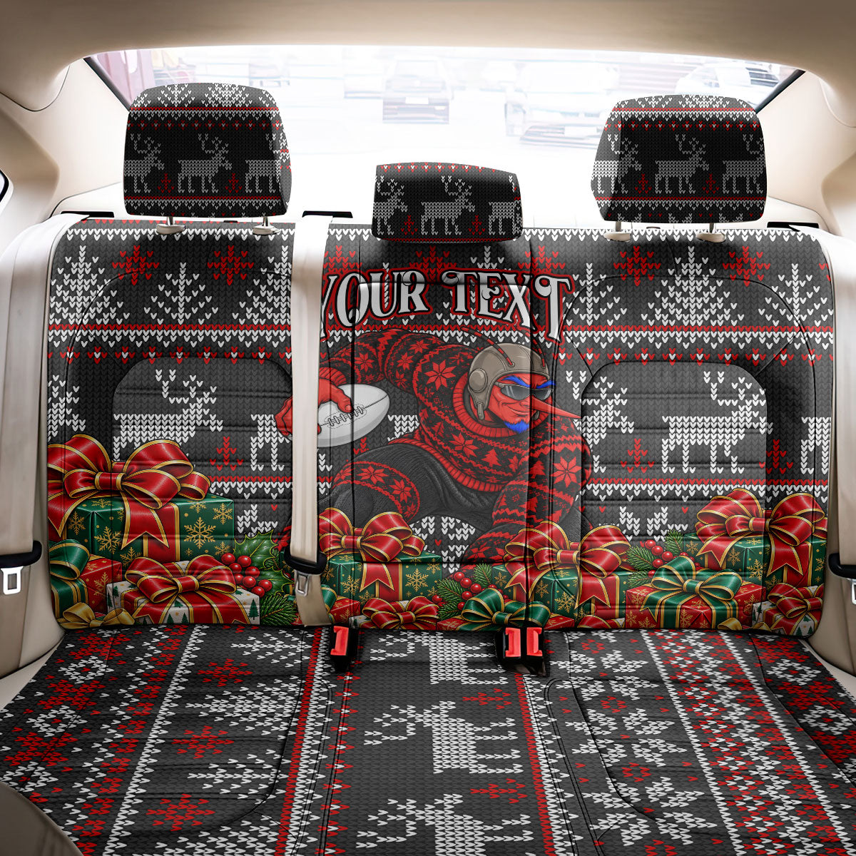 Personalized Bombers Football Christmas Back Car Seat Cover Australian Football Mascot - Ugly Xmas Pattern Festive