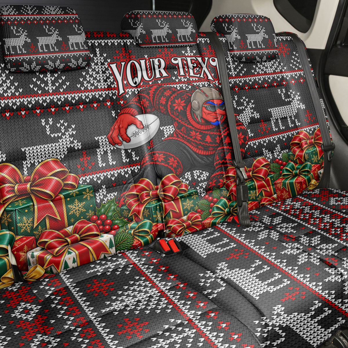 Personalized Bombers Football Christmas Back Car Seat Cover Australian Football Mascot - Ugly Xmas Pattern Festive