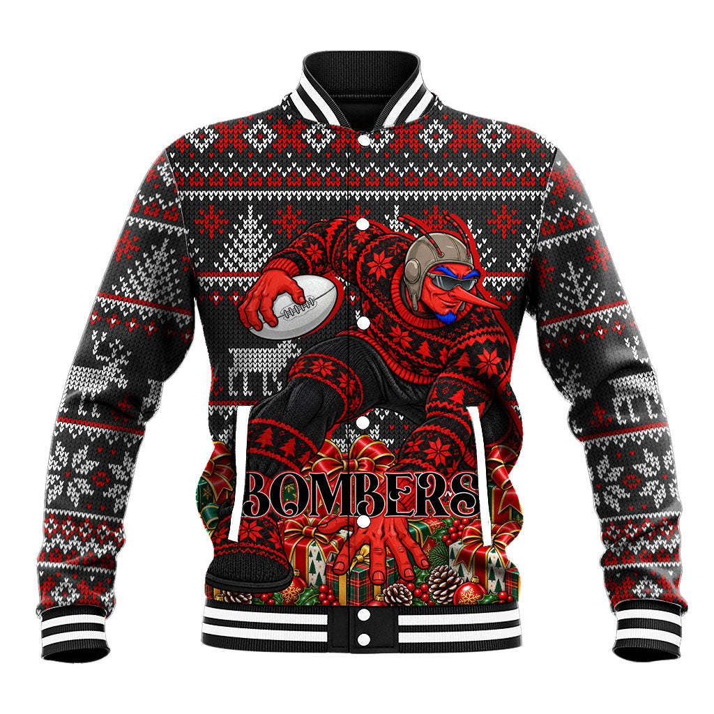 Personalized Bombers Football Christmas Baseball Jacket Australian Football Mascot - Ugly Xmas Pattern Festive