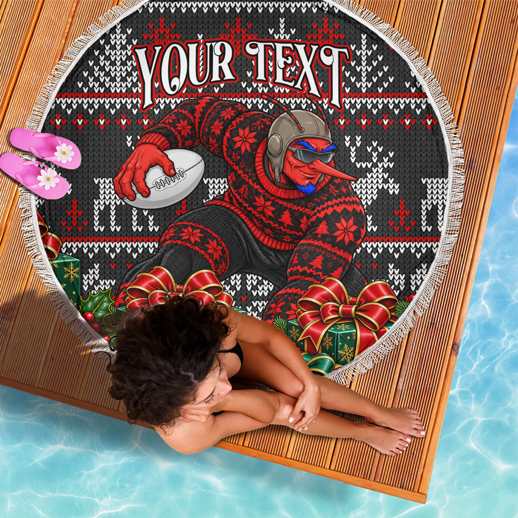 Personalized Bombers Football Christmas Beach Blanket Australian Football Mascot - Ugly Xmas Pattern Festive