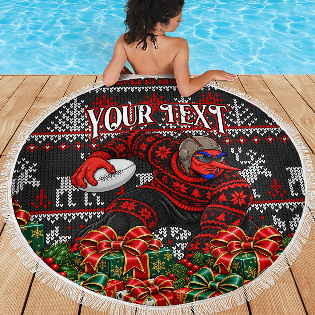 Personalized Bombers Football Christmas Beach Blanket Australian Football Mascot - Ugly Xmas Pattern Festive