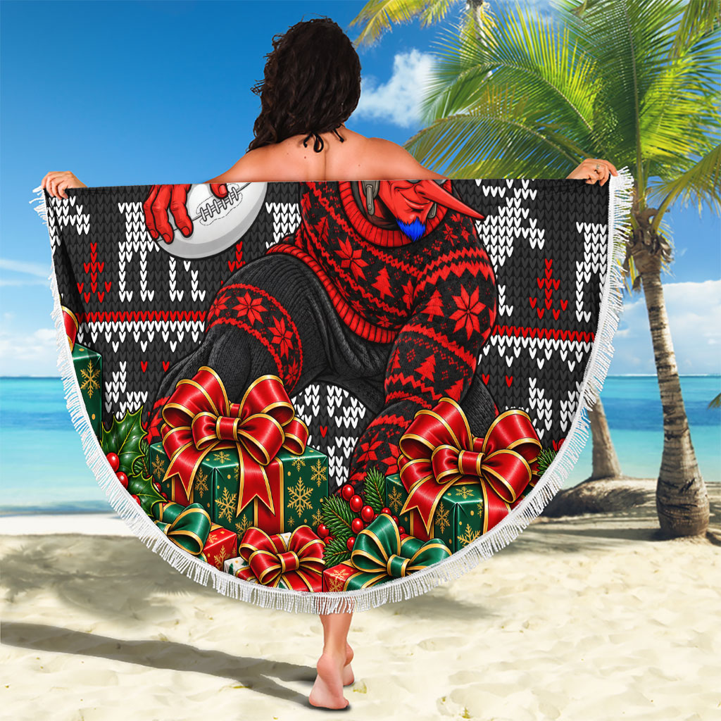 Personalized Bombers Football Christmas Beach Blanket Australian Football Mascot - Ugly Xmas Pattern Festive