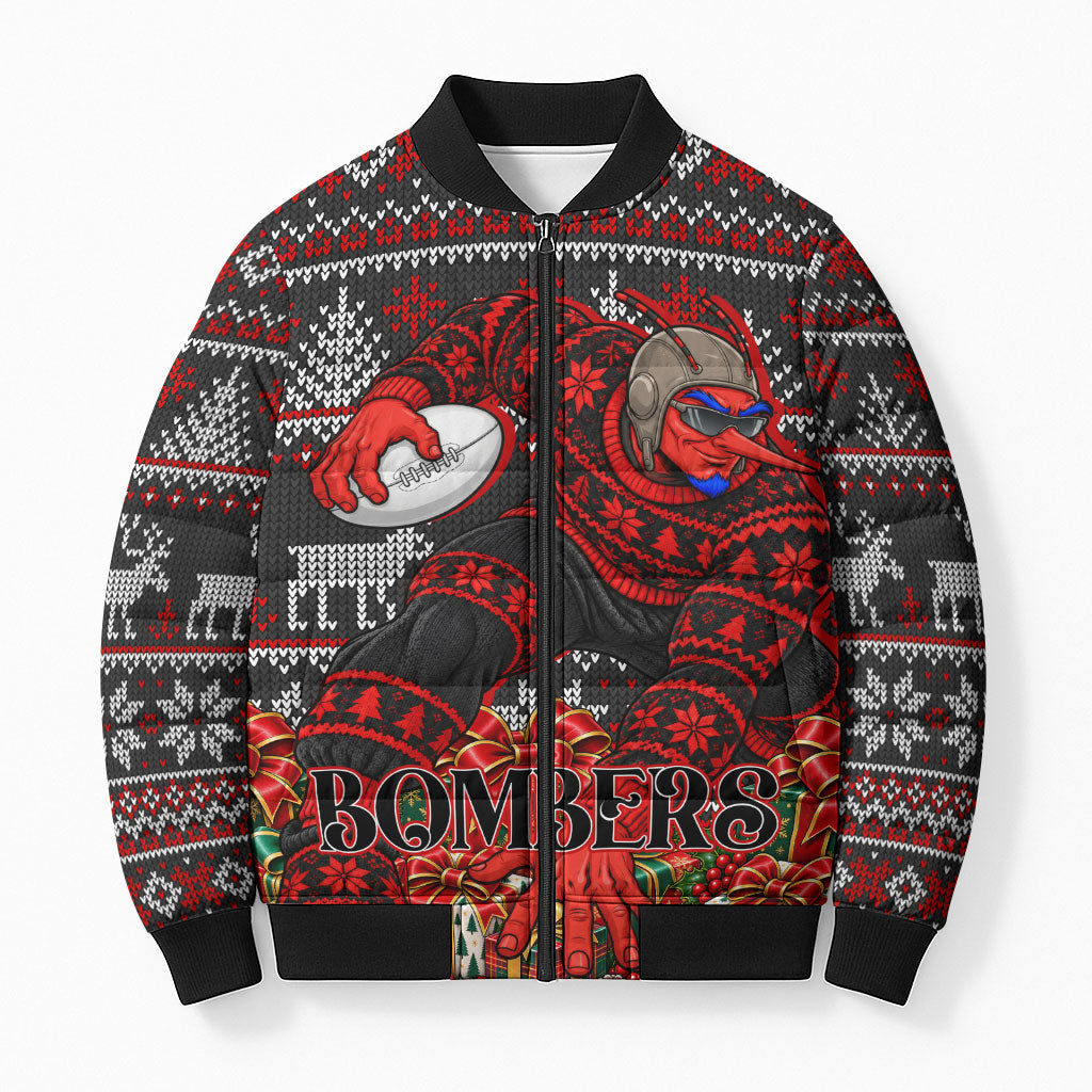 Personalized Bombers Football Christmas Bomber Puffer Jacket Australian Football Mascot - Ugly Xmas Pattern Festive