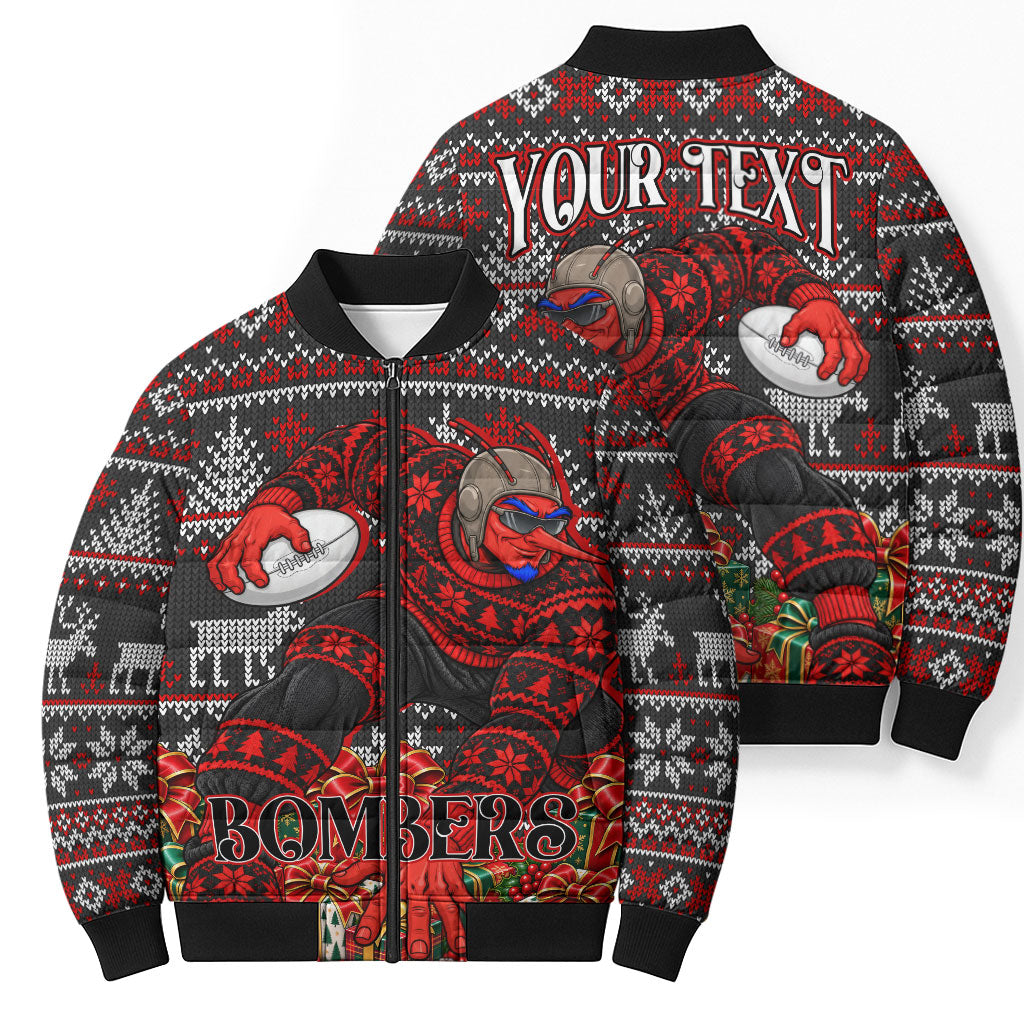 Personalized Bombers Football Christmas Bomber Puffer Jacket Australian Football Mascot - Ugly Xmas Pattern Festive