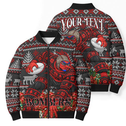 Personalized Bombers Football Christmas Bomber Puffer Jacket Australian Football Mascot - Ugly Xmas Pattern Festive