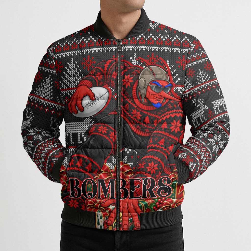 Personalized Bombers Football Christmas Bomber Puffer Jacket Australian Football Mascot - Ugly Xmas Pattern Festive