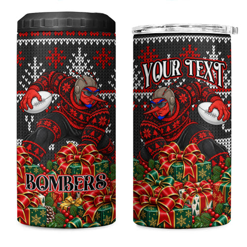 Personalized Bombers Football Christmas 4 in 1 Can Cooler Tumbler Australian Football Mascot - Ugly Xmas Pattern Festive