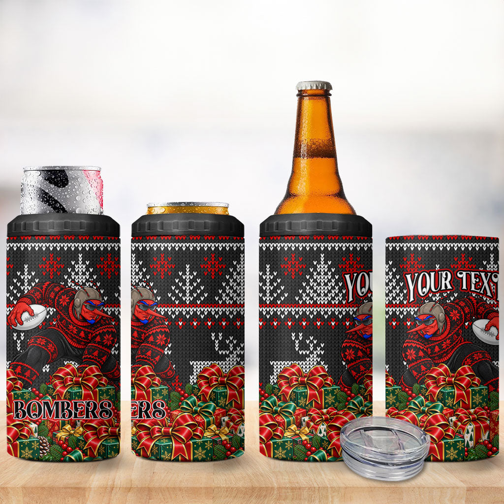 Personalized Bombers Football Christmas 4 in 1 Can Cooler Tumbler Australian Football Mascot - Ugly Xmas Pattern Festive