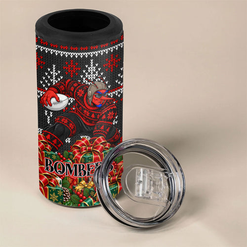 Personalized Bombers Football Christmas 4 in 1 Can Cooler Tumbler Australian Football Mascot - Ugly Xmas Pattern Festive