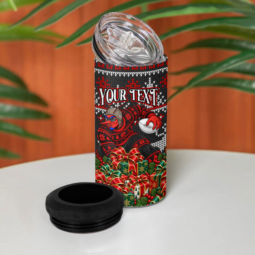 Personalized Bombers Football Christmas 4 in 1 Can Cooler Tumbler Australian Football Mascot - Ugly Xmas Pattern Festive