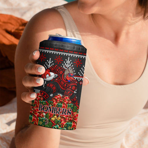 Personalized Bombers Football Christmas 4 in 1 Can Cooler Tumbler Australian Football Mascot - Ugly Xmas Pattern Festive