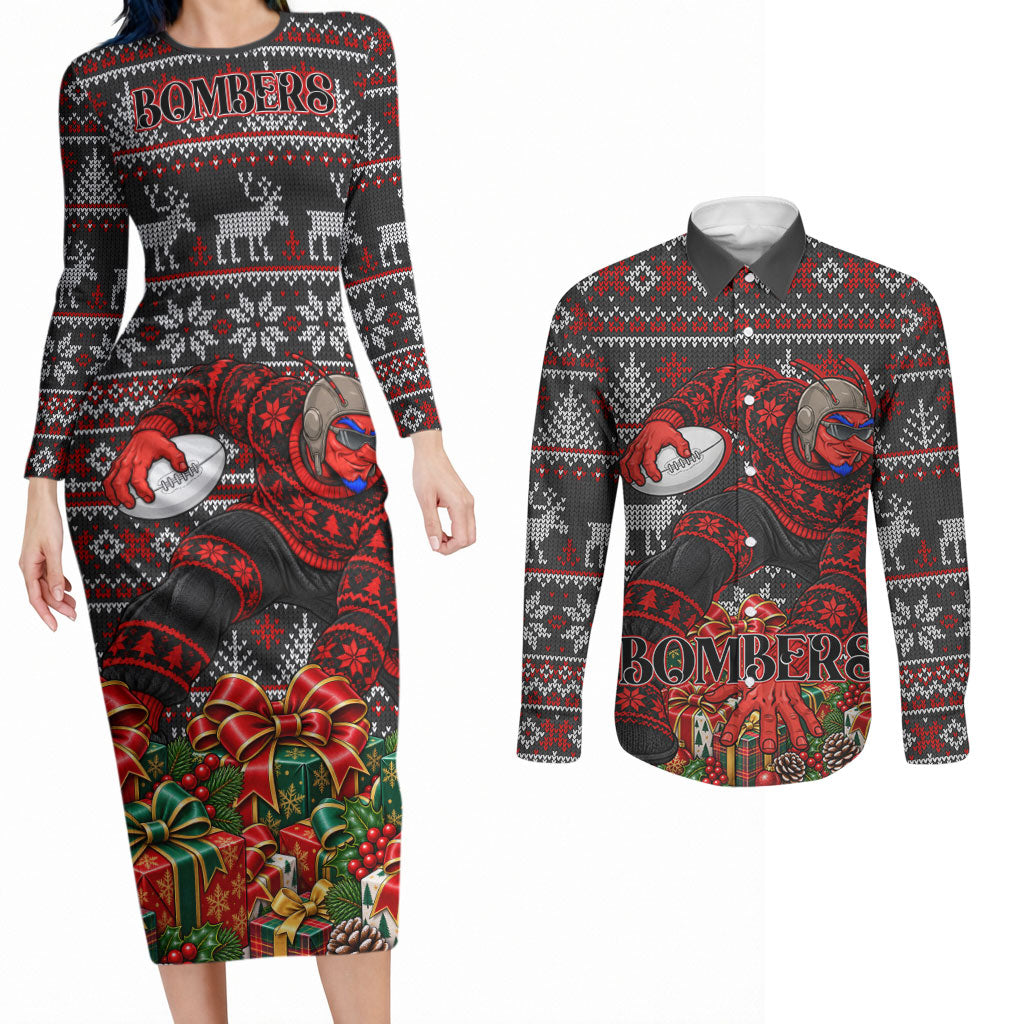 Personalized Bombers Football Christmas Couples Matching Long Sleeve Bodycon Dress and Long Sleeve Button Shirt Australian Football Mascot - Ugly Xmas Pattern Festive