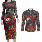 Personalized Bombers Football Christmas Couples Matching Long Sleeve Bodycon Dress and Long Sleeve Button Shirt Australian Football Mascot - Ugly Xmas Pattern Festive