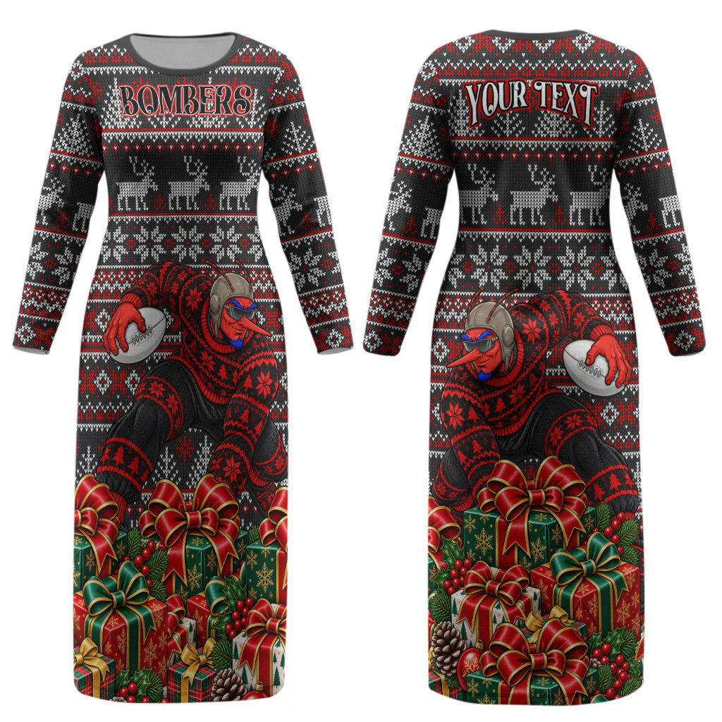 Personalized Bombers Football Christmas Couples Matching Long Sleeve Bodycon Dress and Long Sleeve Button Shirt Australian Football Mascot - Ugly Xmas Pattern Festive