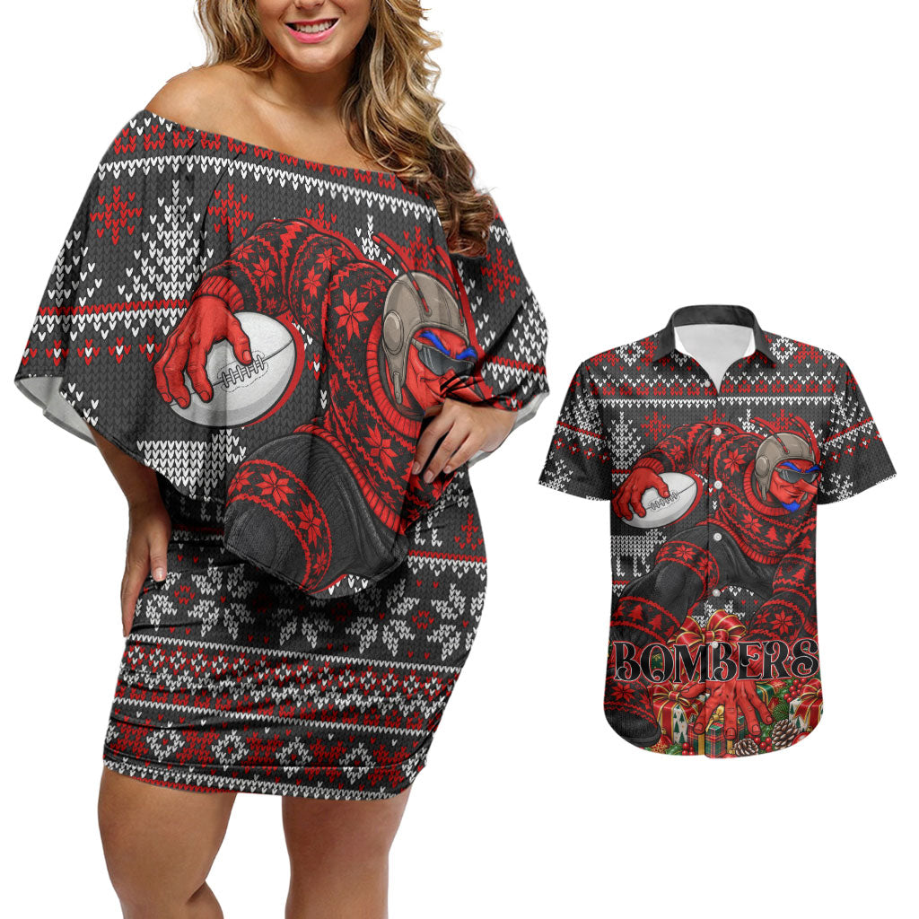 Personalized Bombers Football Christmas Couples Matching Off Shoulder Short Dress and Hawaiian Shirt Australian Football Mascot - Ugly Xmas Pattern Festive